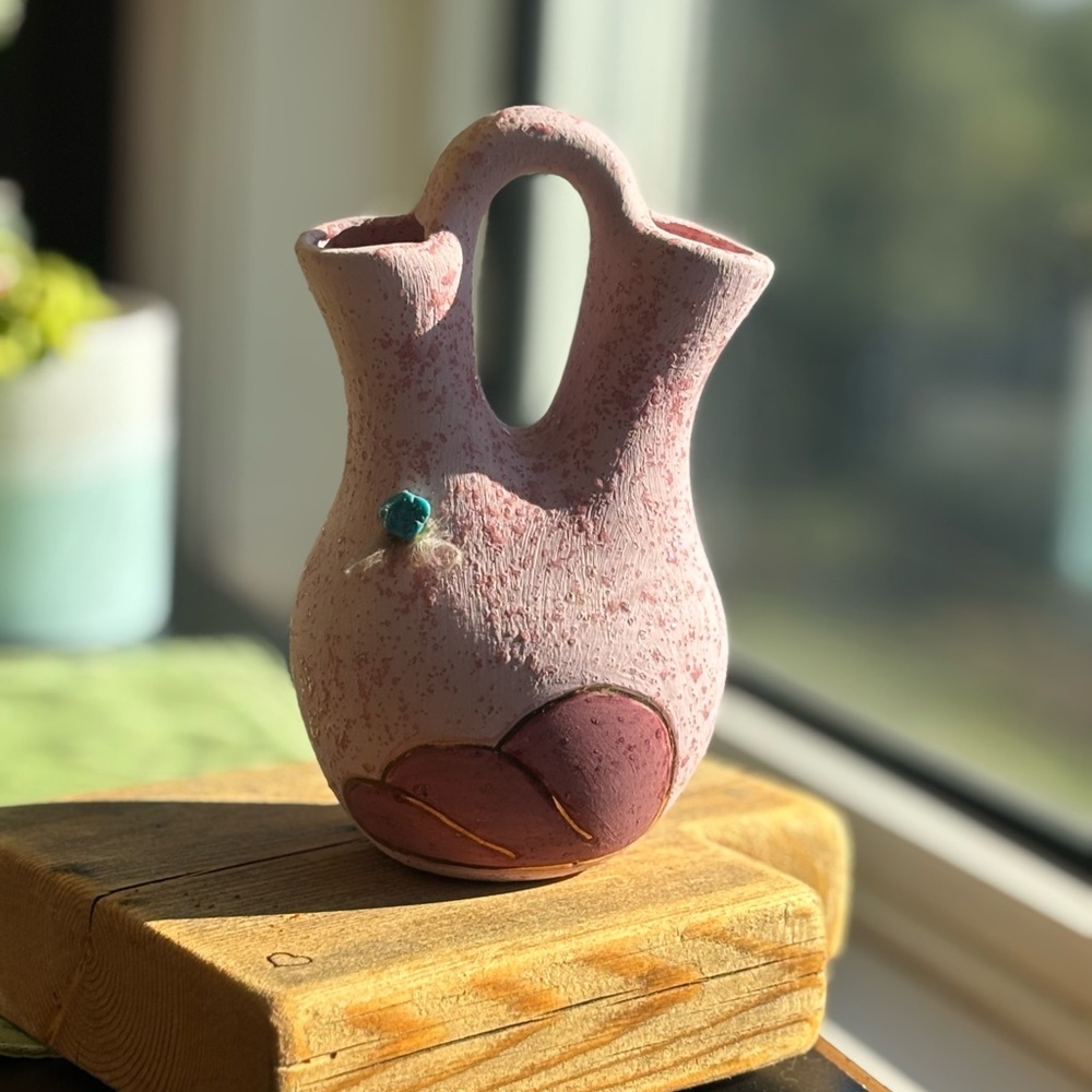 Native American double-spouted wedding vase signed Mona
